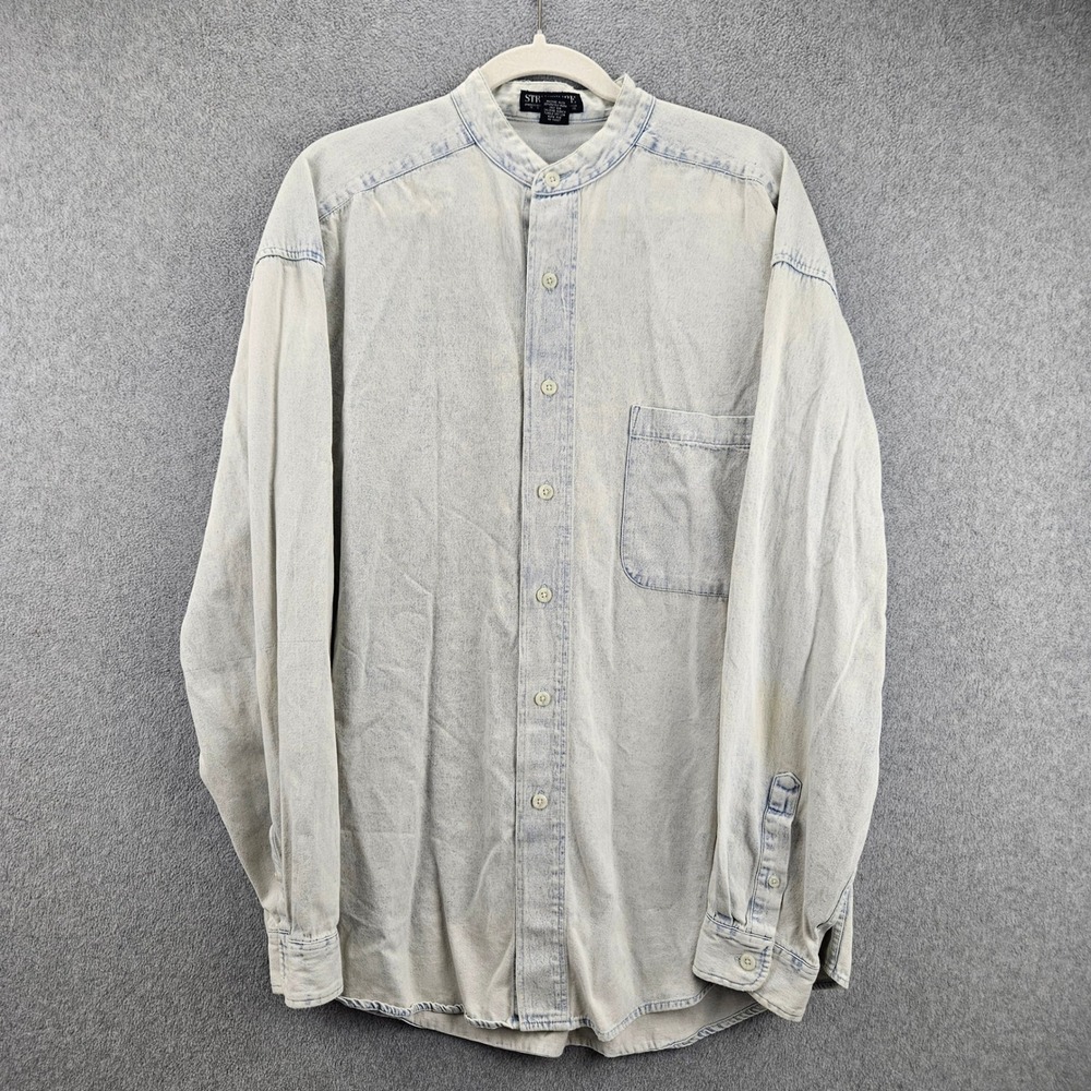 STRUCTURE Shirt Mens L Blue Acid Wash Denim Band Collar Vintage 90s Streetwear